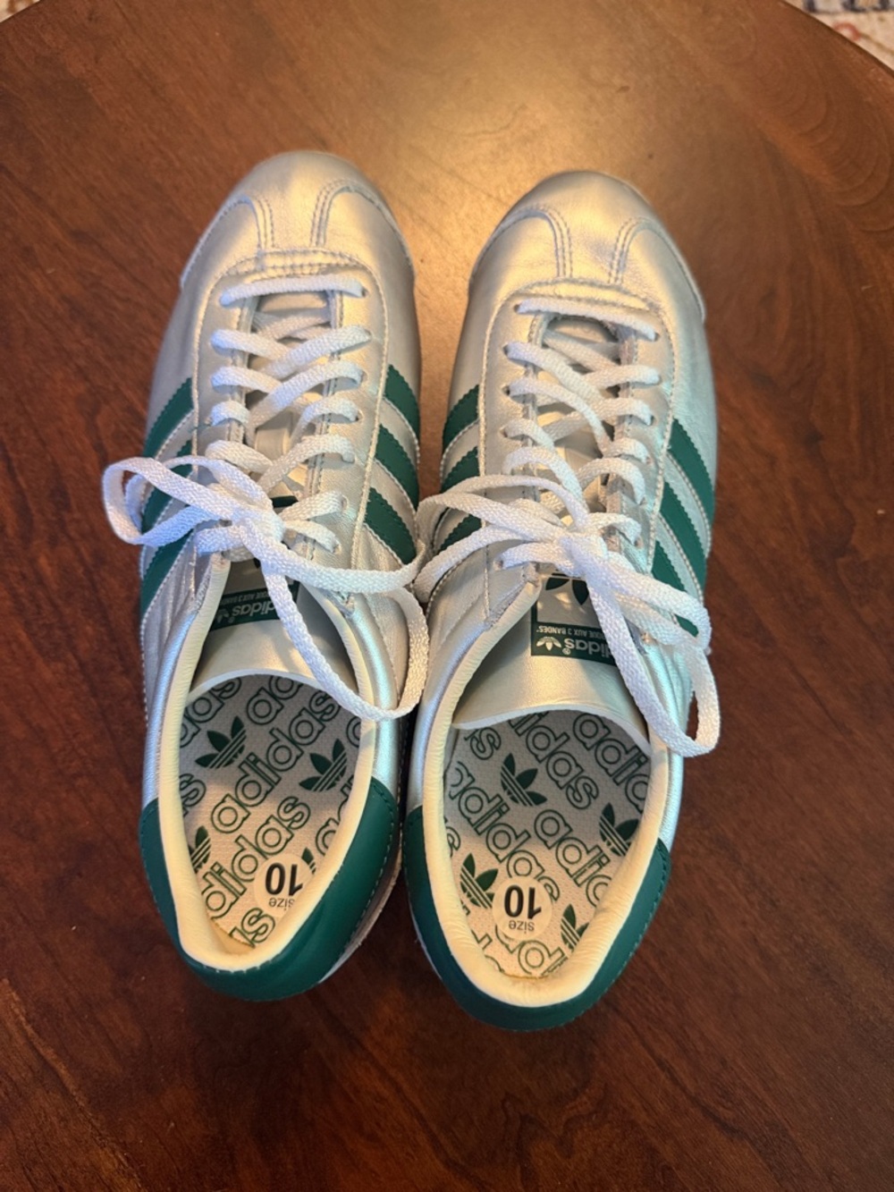 adidas Silver Sneakers with Emerald Green Stripes